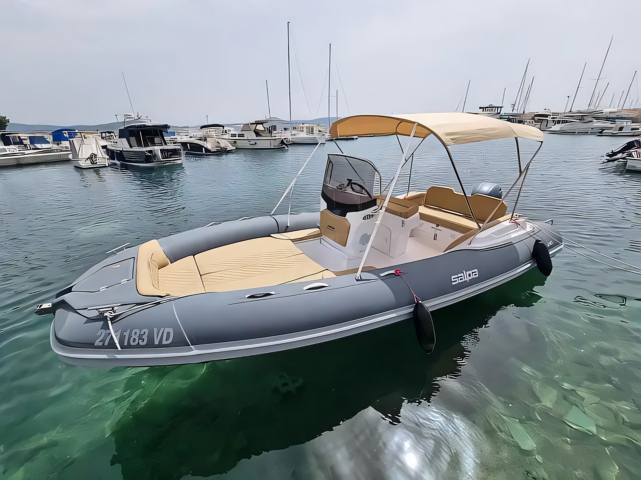 Exterior overview of Salpa Soleil 20 rubber boat for charter from Vodice Port in the Kornati sailing area Croatia