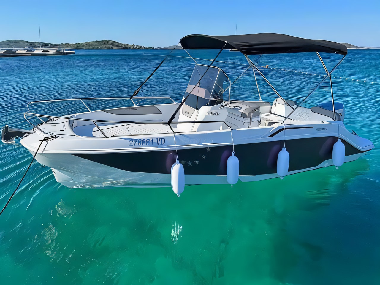 Exterior overview of Salpa Sunsix motor boat for charter from Vodice Port in the Kornati sailing area Croatia