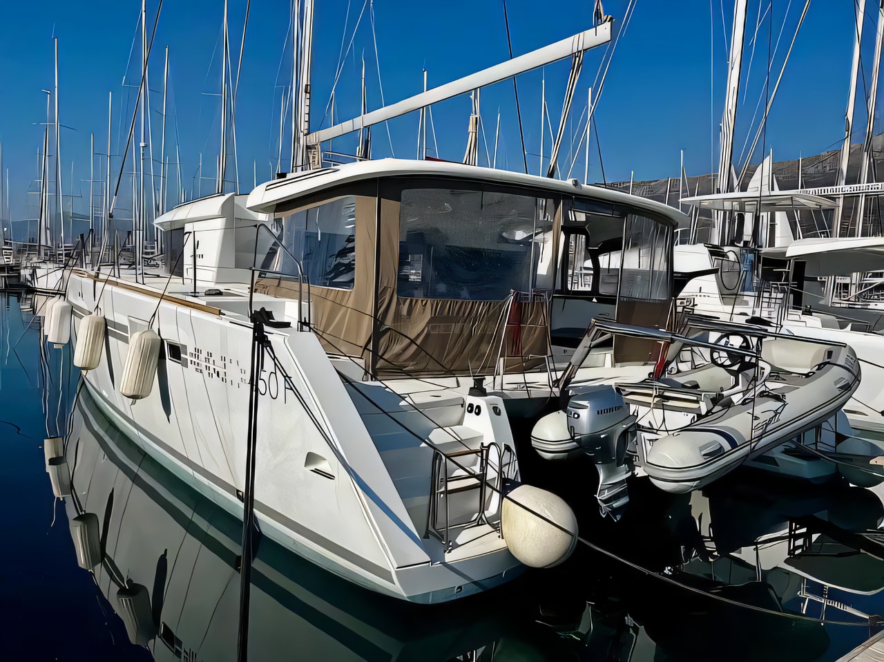 Exterior overview of Lagoon 450 Fly catamaran for charter from Rogoznica Marina Frapa in the Kornati sailing area Croatia