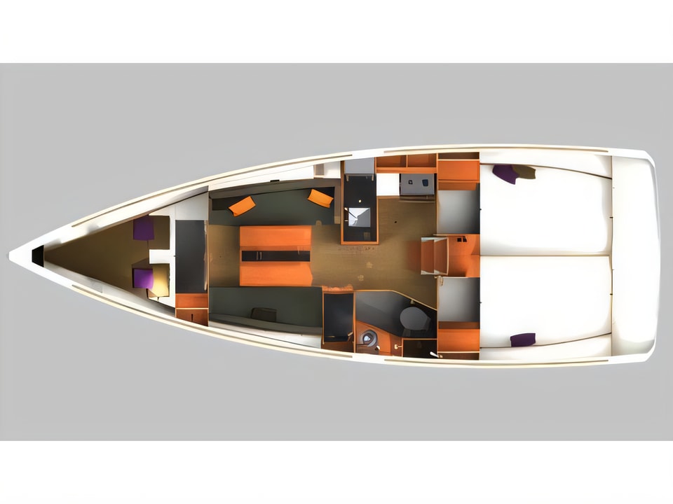 Layout of Sun Odyssey 349 sail boat with 3 cabins Croatia yacht charter