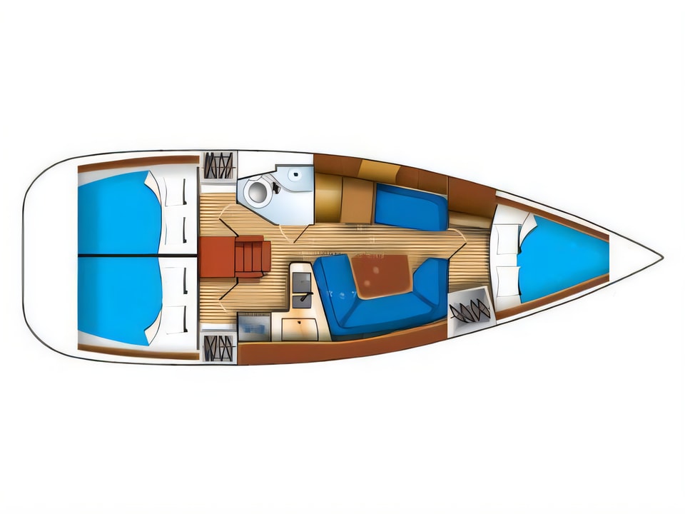 Layout of Sun Odyssey 35 sail boat with 3 cabins Croatia yacht charter
