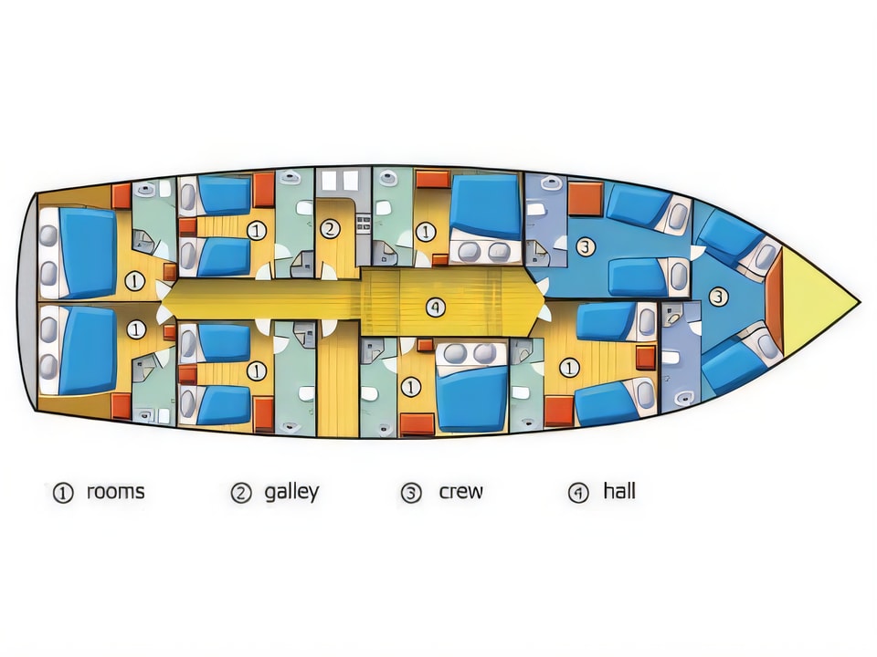 Layout of Gulet Fortuna gulet or cruiser with 7 cabins Croatia yacht charter