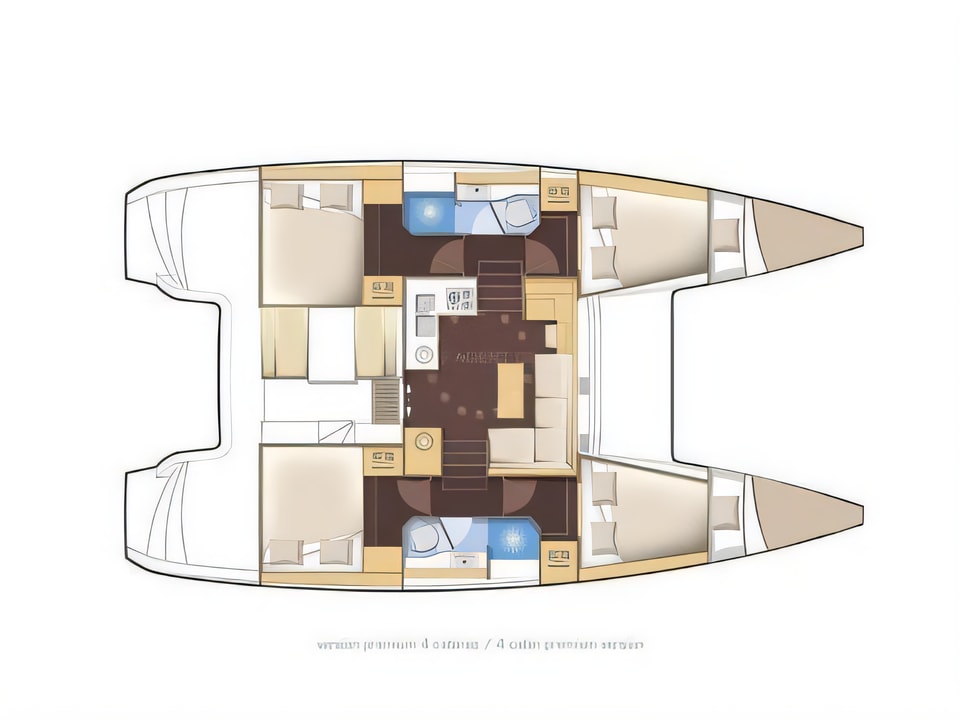 Layout of Lagoon 39 catamaran with 6 cabins Croatia yacht charter