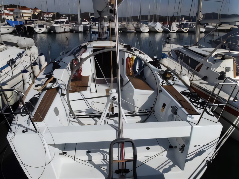 Exterior overview of First 35 sail boat for charter from Murter ACI Marina Jezera in the Sibenik sailing area Croatia