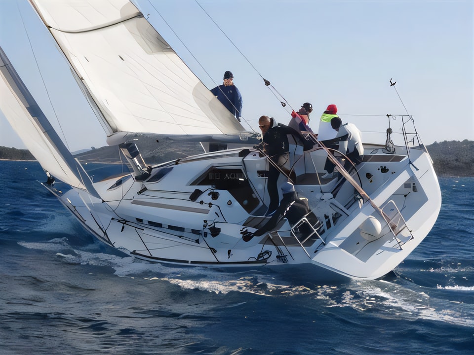 Exterior overview of First 35 sail boat for charter from Murter ACI Marina Jezera in the Sibenik sailing area Croatia
