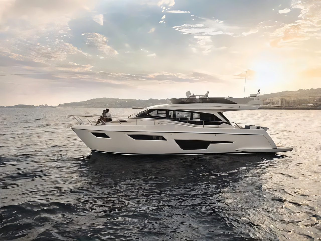 Exterior overview of Ferretti 500 motoryacht for charter from Podstrana Marina Lav in the Split sailing area Croatia