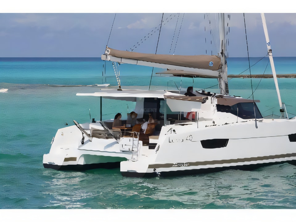 Exterior overview of Lucia 40 owner version catamaran for charter from Kastela Gomilica Marina in the Sibenik sailing area Croatia