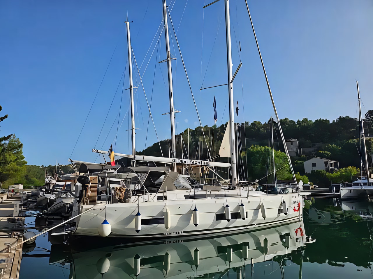 Exterior overview of Dufour 470 sail boat for charter from Skradin ACI Marina in the Kornati sailing area Croatia