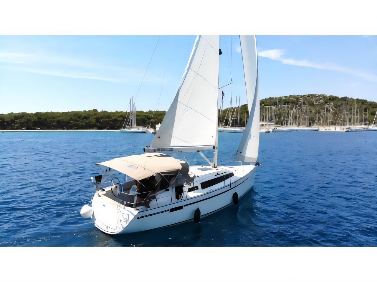 Exterior overview of Bavaria Cruiser 34 sail boat for charter from Rogoznica Marina Frapa in the Sibenik sailing area Croatia