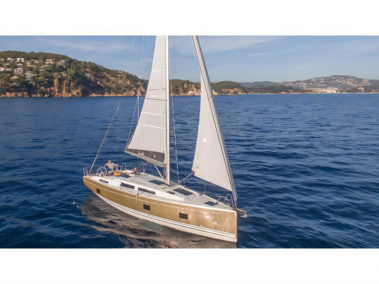 Exterior overview of Hanse 418 sail boat for charter from Rogoznica Marina Frapa in the Sibenik sailing area Croatia