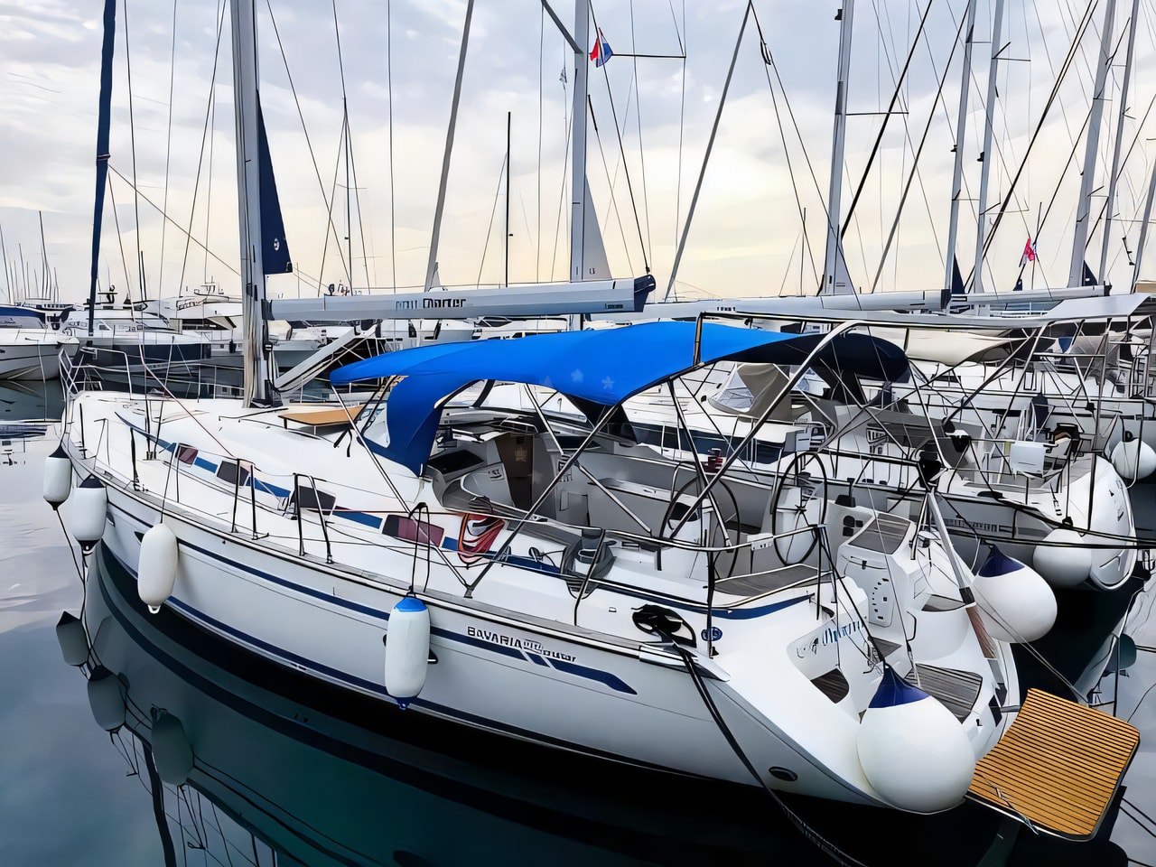 Exterior overview of Bavaria 50 sail boat for charter from Krk Marina Punat in the Istria / Kvarner sailing area Croatia
