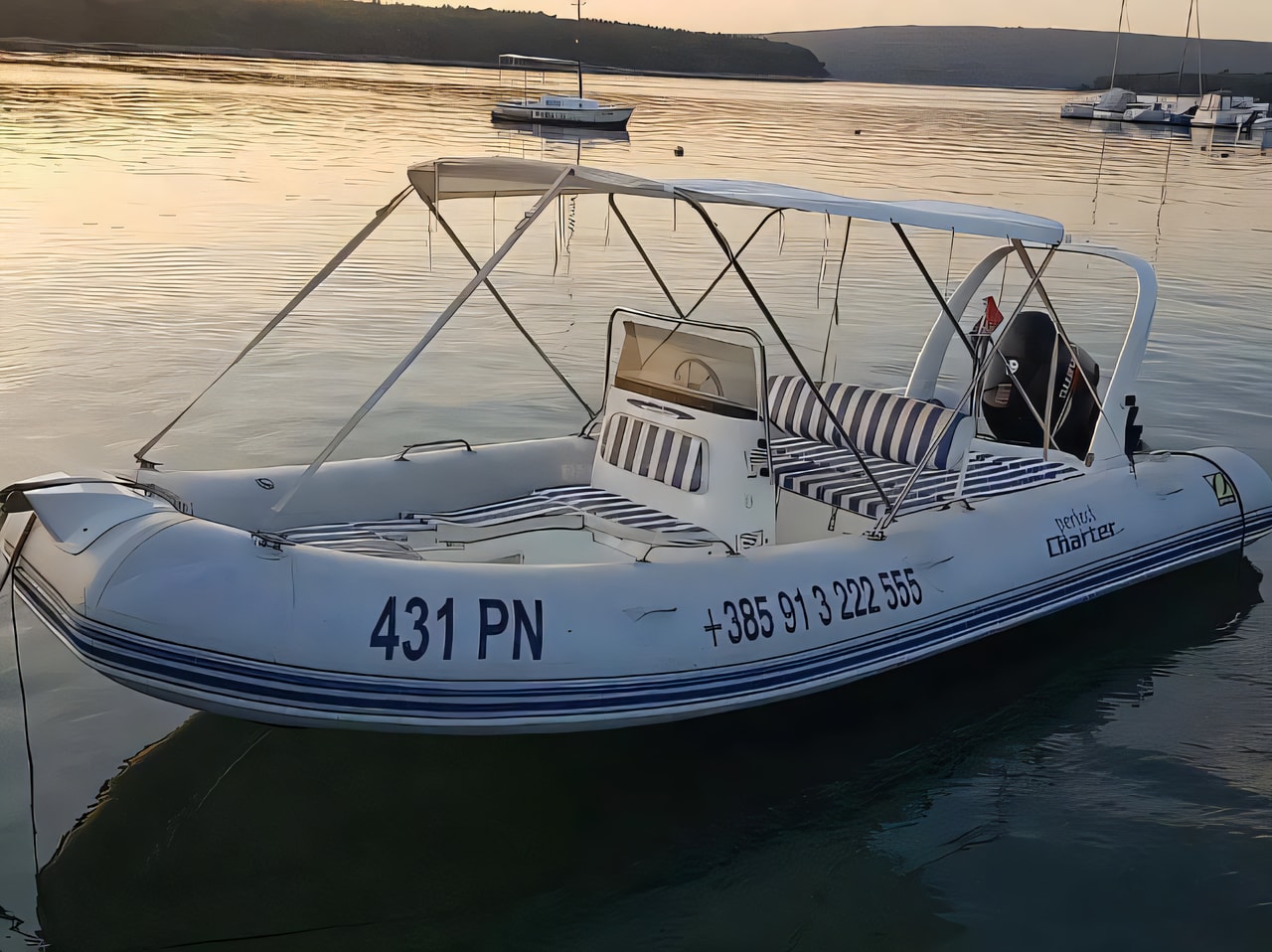 Exterior overview of Zodiac Medline 2 motor boat for charter from Krk Marina Punat in the Istria / Kvarner sailing area Croatia