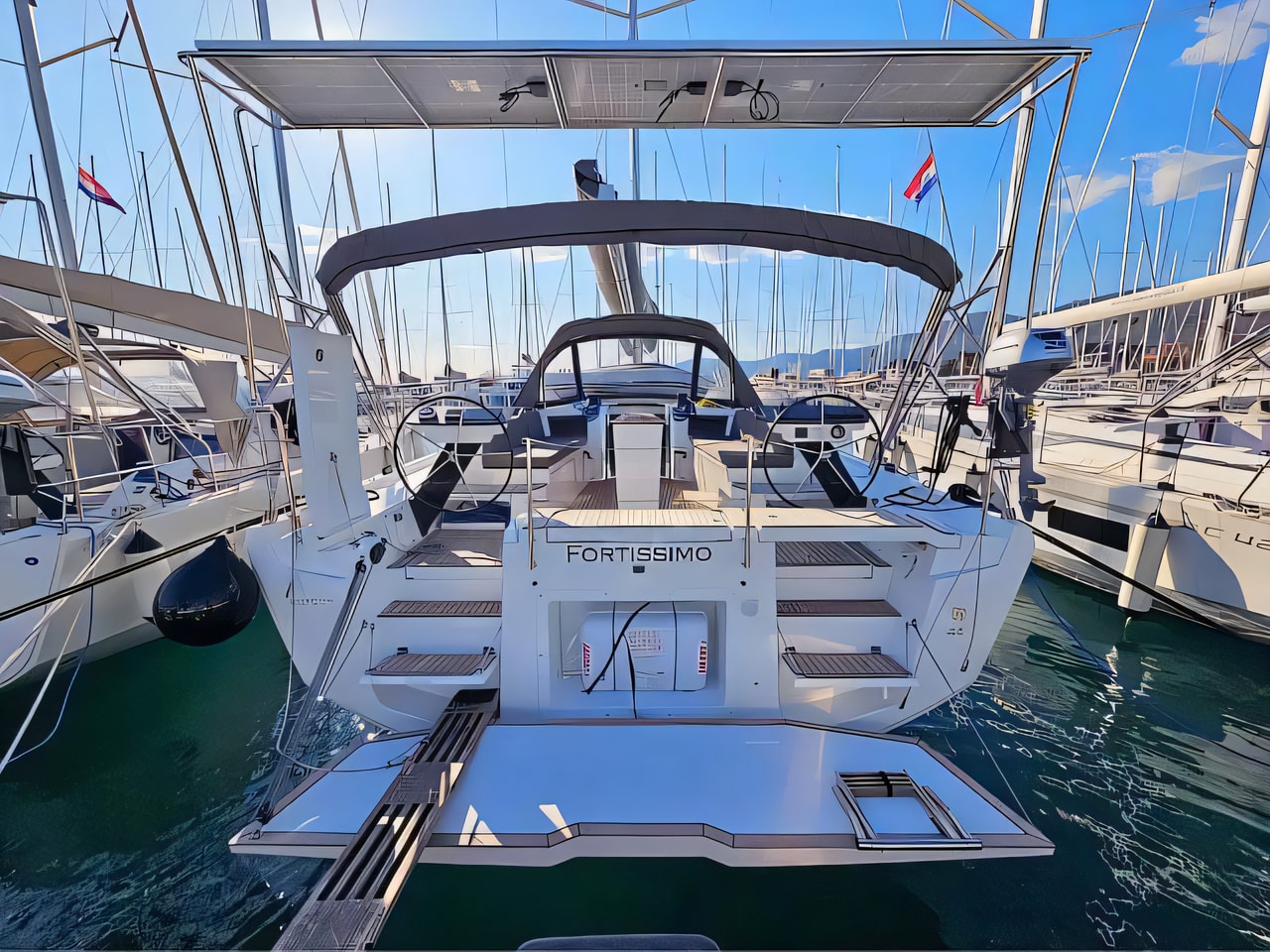 Exterior overview of Dufour 44 Grand Large sail boat for charter from Kastela Gomilica Marina in the Split sailing area Croatia