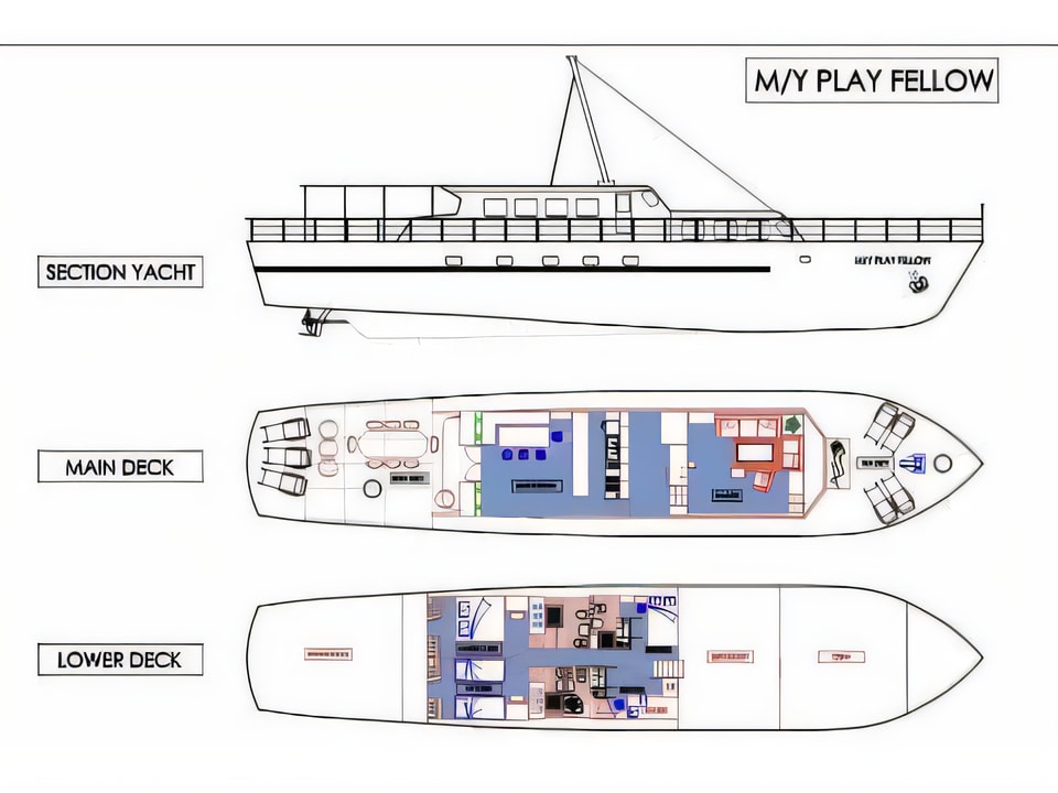 Layout of PLAY FELLOW motor boat with 4 cabins Croatia yacht charter