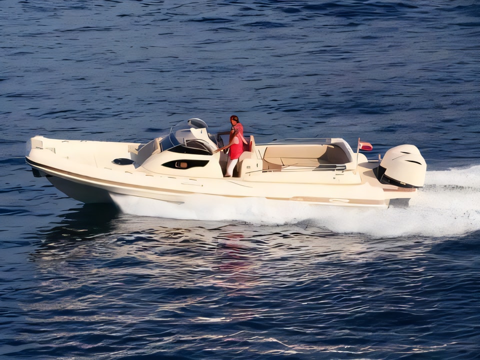 Exterior overview of MAR-CO e-motion 32 motor boat for charter from Primosten Marina Kremik in the Sibenik sailing area Croatia