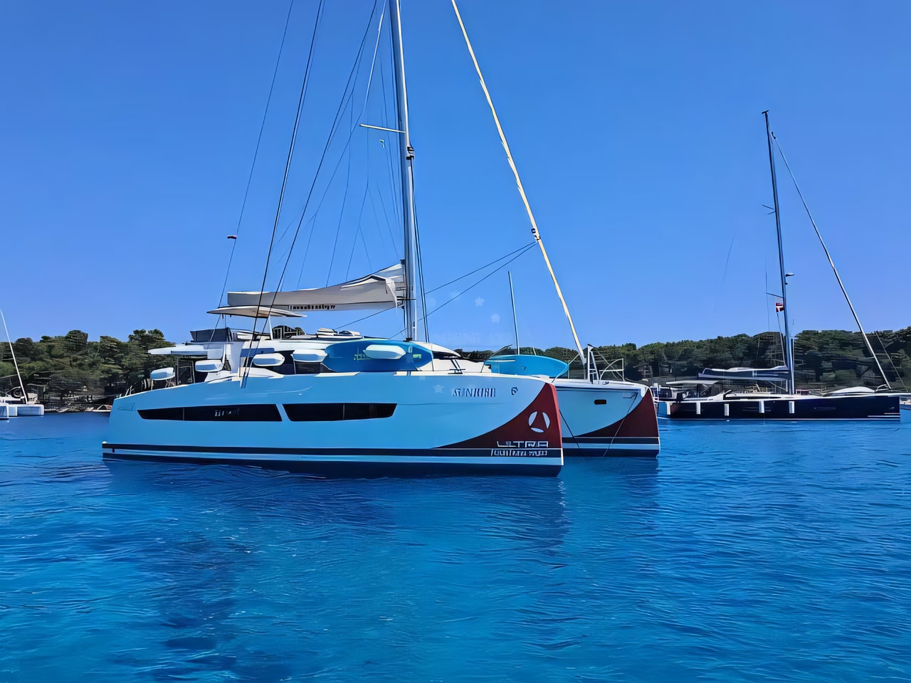 Exterior overview of Aura 51 catamaran for charter from Seget Donji Marina Baotic in the Split sailing area Croatia
