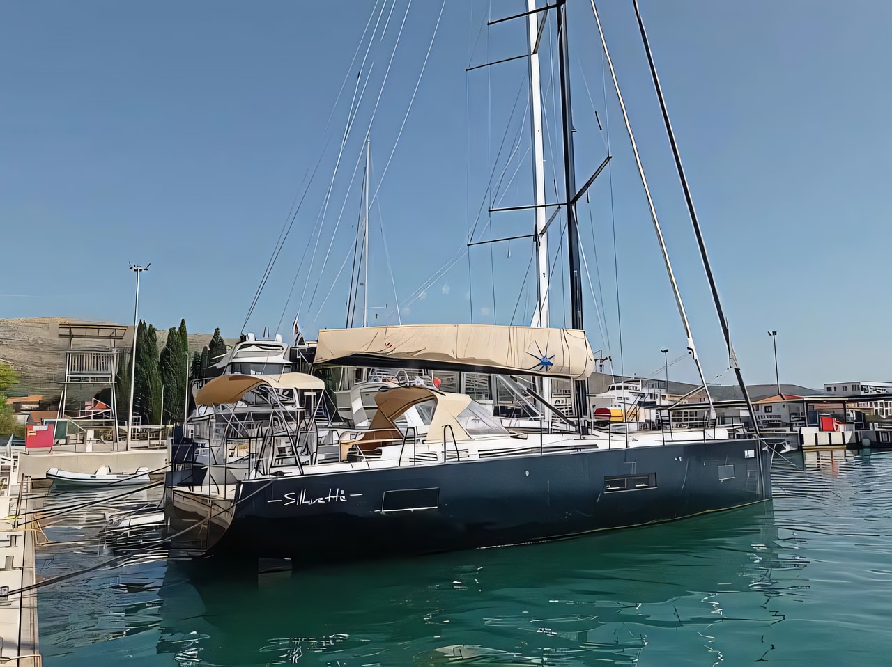 Exterior overview of First 53 sail boat for charter from Primosten Marina Kremik in the Kornati sailing area Croatia