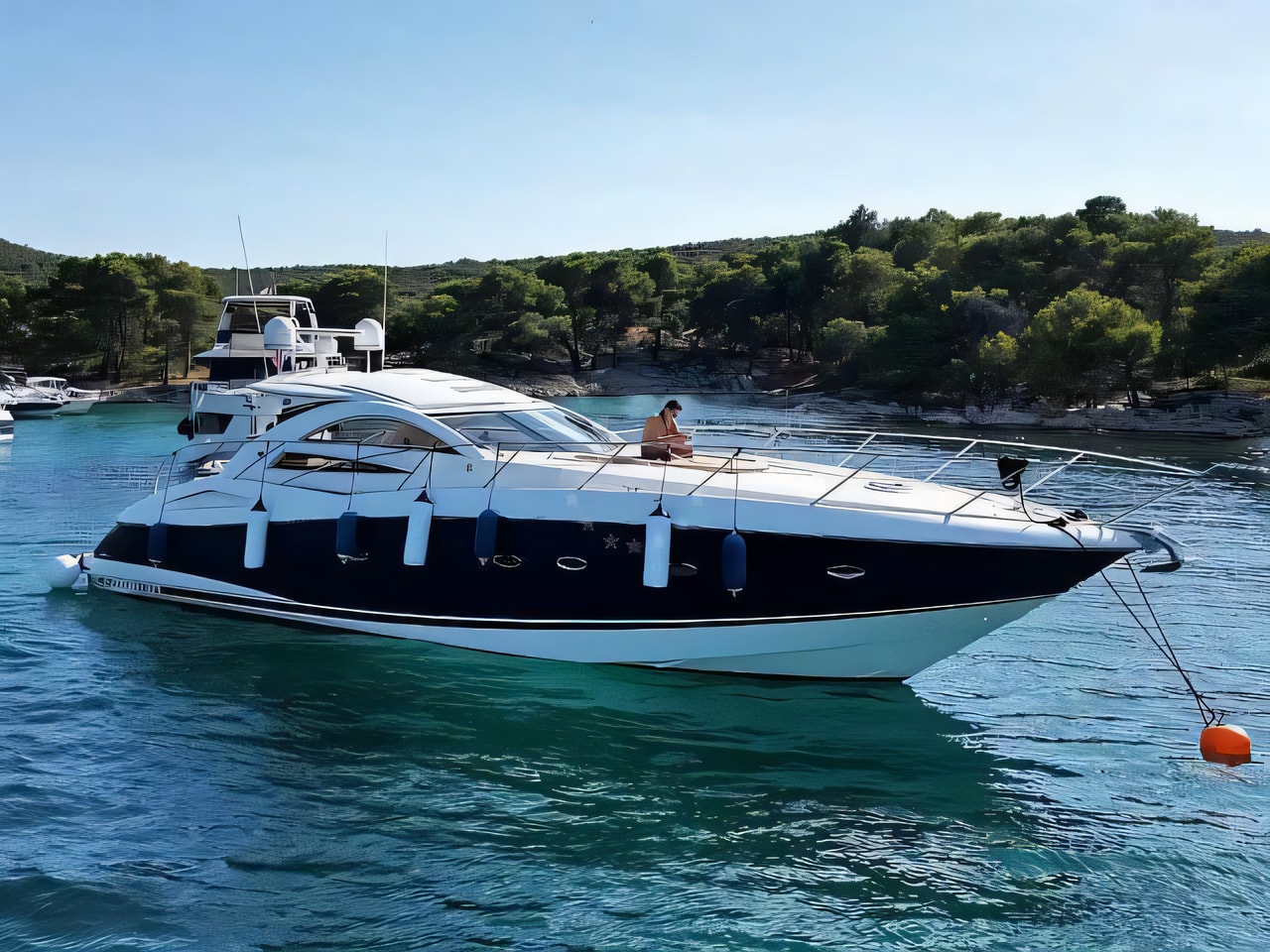 Exterior overview of Sunseeker Portofino 53 motoryacht for charter from Rogoznica Marina Frapa in the Kornati sailing area Croatia