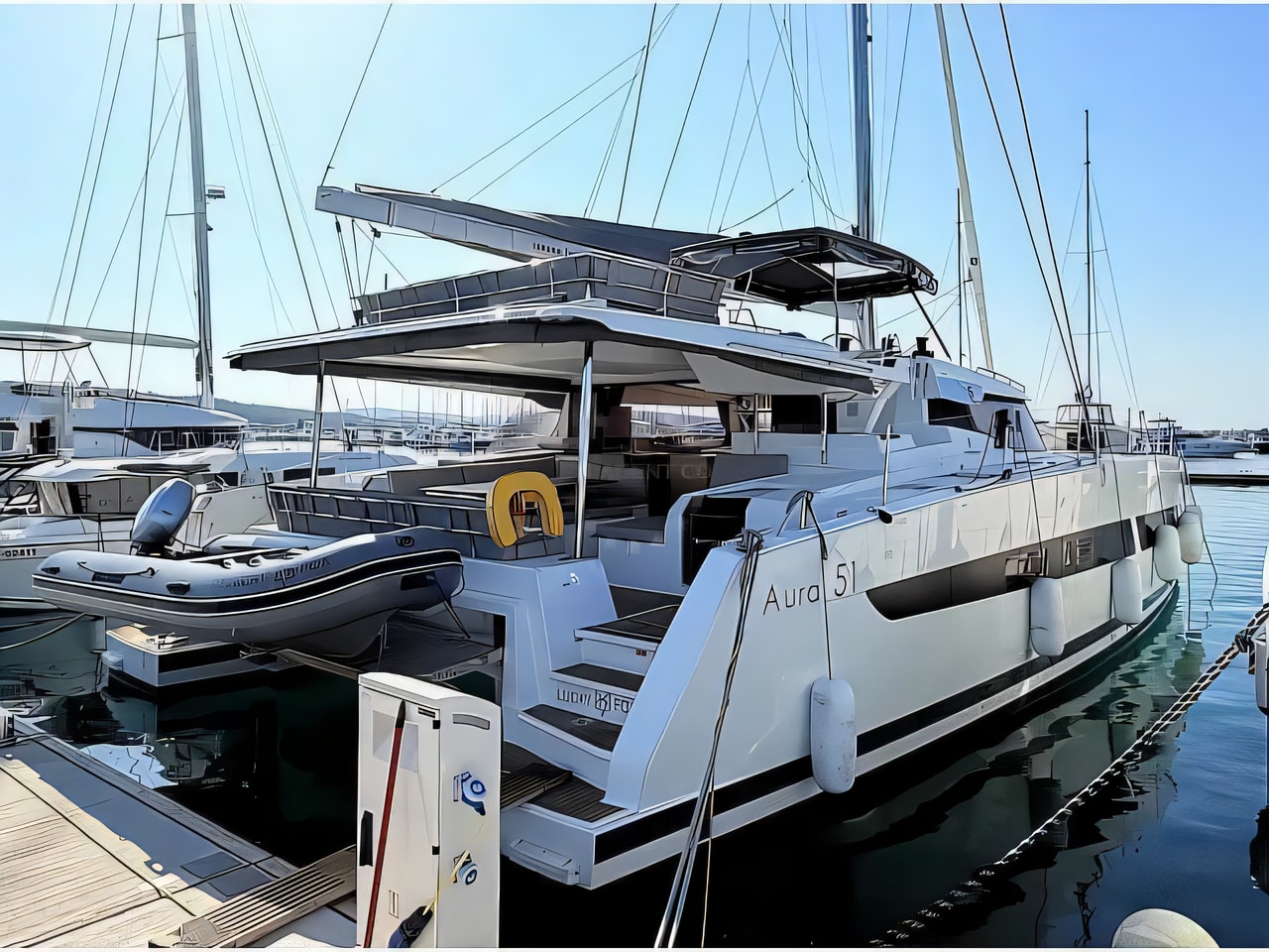Exterior overview of Aura 51 catamaran for charter from Sukosan Marina Dalmacija in the Kornati sailing area Croatia