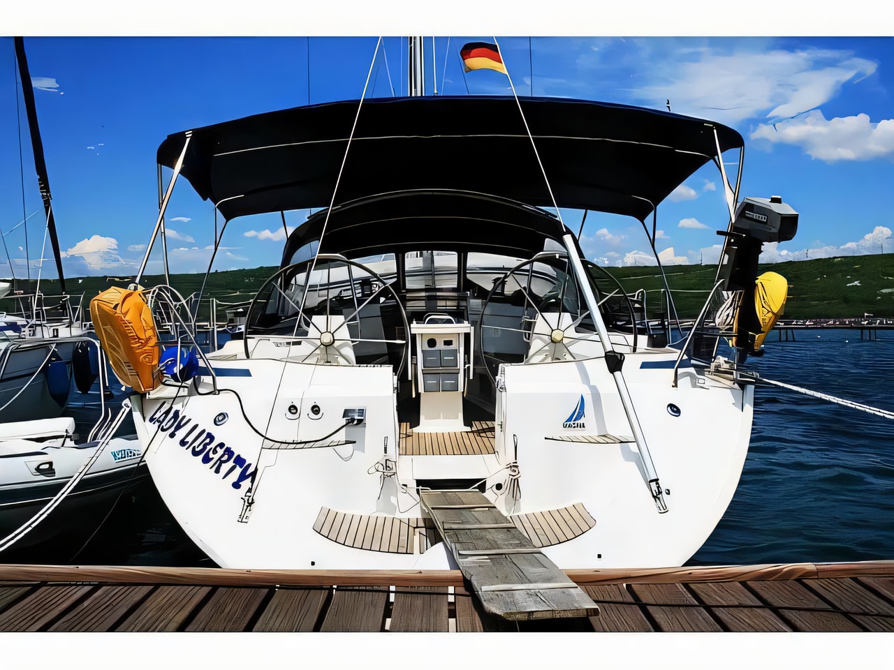 Exterior overview of Bavaria 49 sail boat for charter from Pula Marina Polesana in the Istria / Kvarner sailing area Croatia