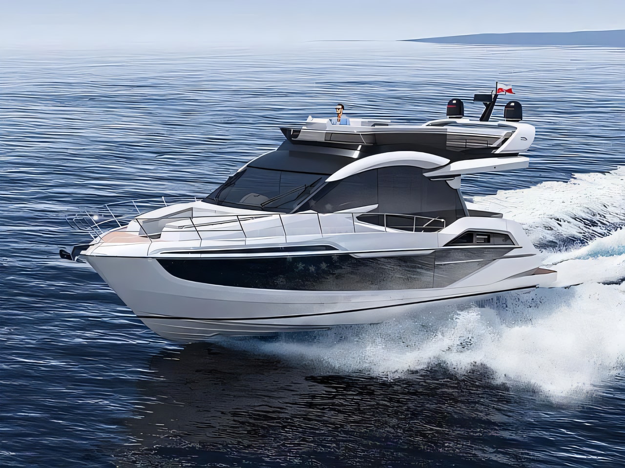 Exterior overview of Galeon 480 Fly motor boat for charter from Sibenik Marina Mandalina in the Kornati sailing area Croatia