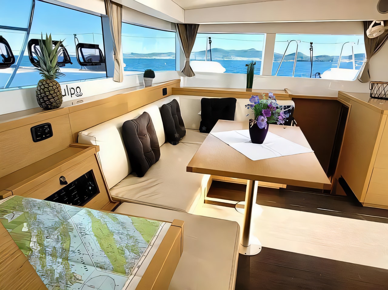 Layout of Lagoon 39 catamaran with 6 cabins Croatia yacht charter