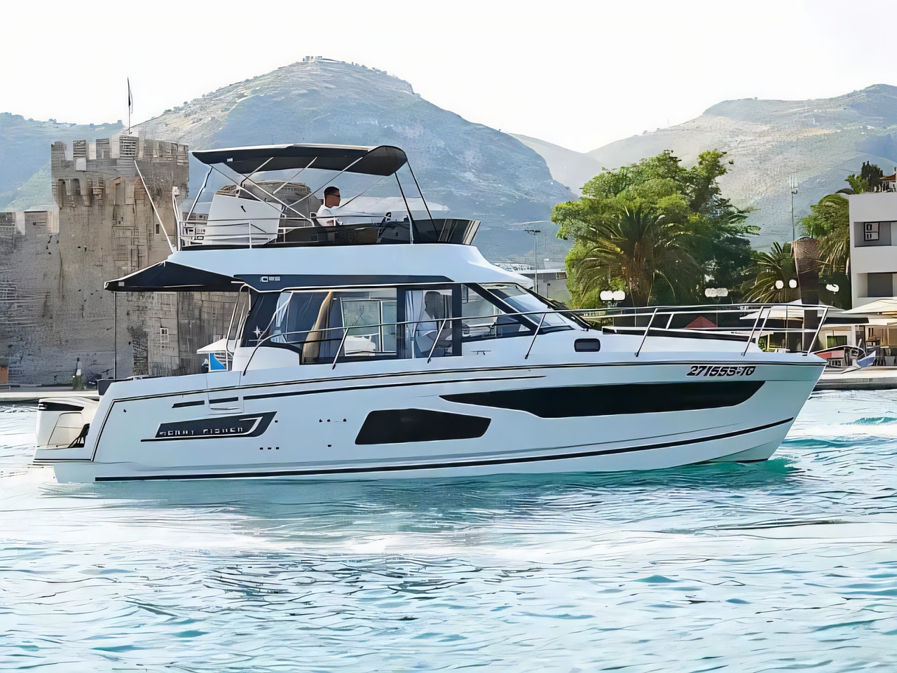 Exterior overview of Merry Fisher 1095 FLY motor boat for charter from Trogir ACI Marina in the Split sailing area Croatia
