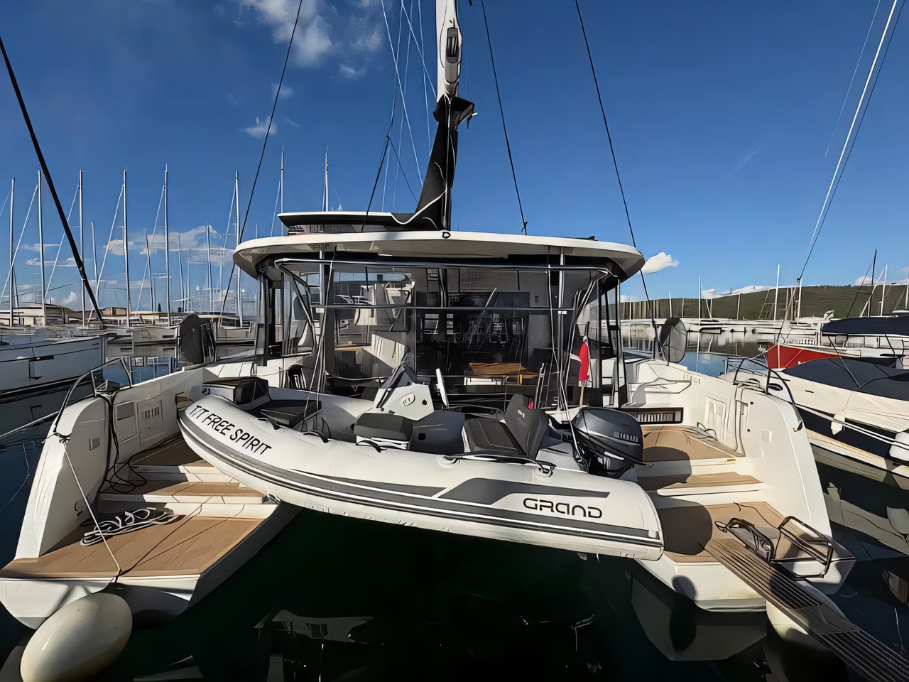 Exterior overview of Lagoon 42 catamaran for charter from Sukosan Marina Dalmacija in the Kornati sailing area Croatia