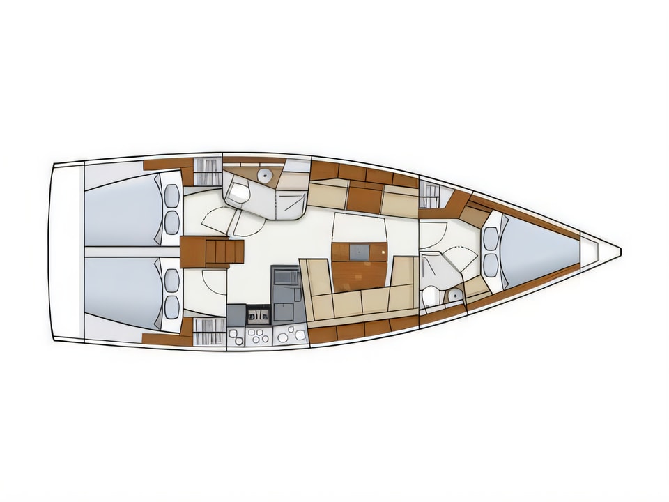 Layout of Hanse 415 sail boat with 3 cabins Croatia yacht charter