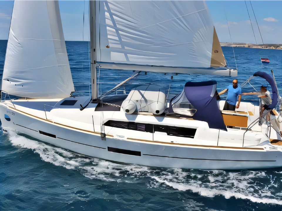 Exterior overview of Dufour 382 Grand Large sail boat for charter from Trogir ACI Marina in the Split sailing area Croatia