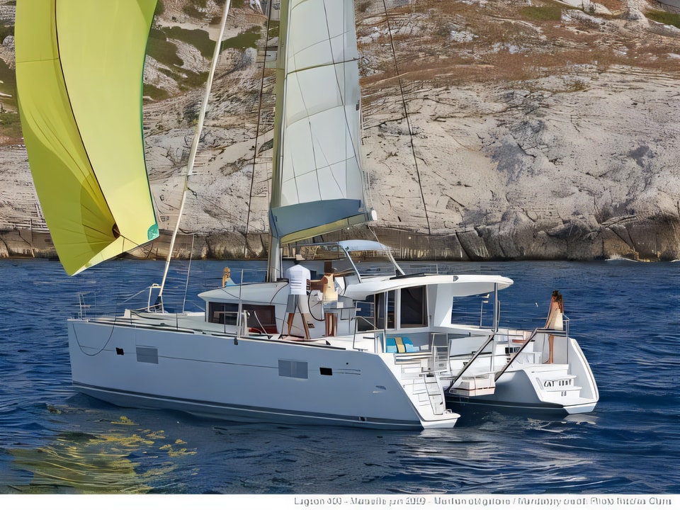 Exterior overview of Lagoon 400 S2 catamaran for charter from Rogoznica Marina Frapa in the Sibenik sailing area Croatia