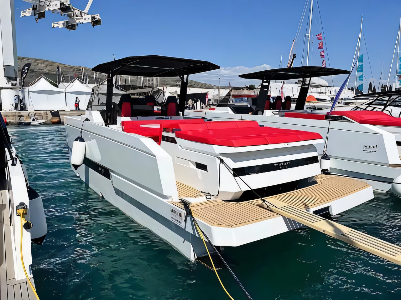 Exterior overview of De Antonio D32 motor boat for charter from Seget Donji Marina Baotic in the Split sailing area Croatia