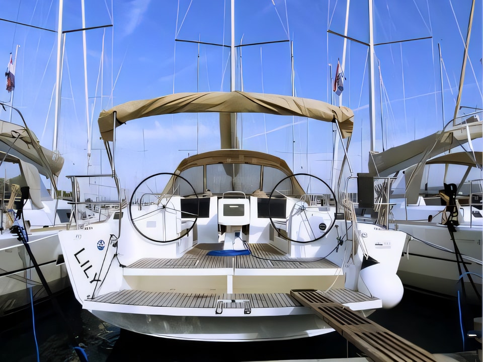 Exterior overview of Dufour 410 Grand Large sail boat for charter from Rogoznica Marina Frapa in the Sibenik sailing area Croatia