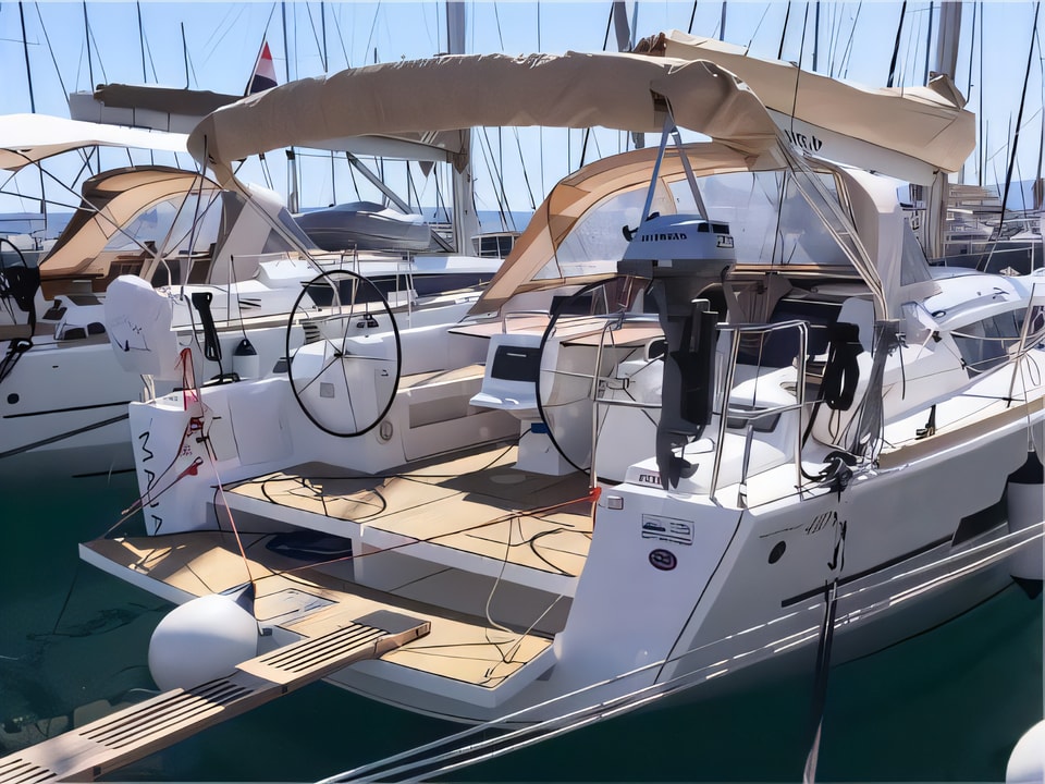 Exterior overview of Dufour 410 Grand Large sail boat for charter from Rogoznica Marina Frapa in the Sibenik sailing area Croatia