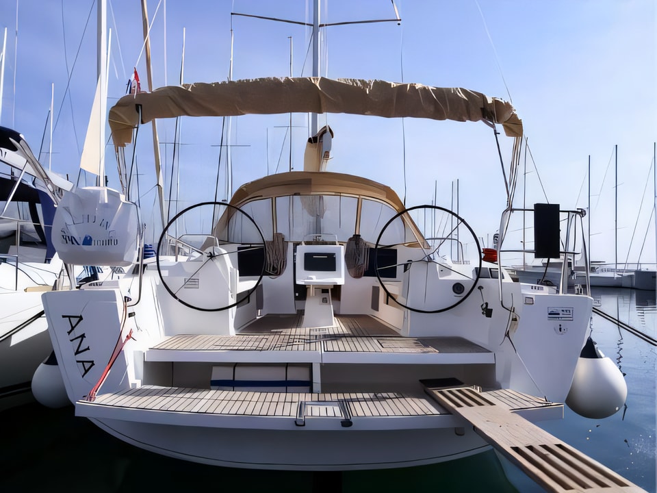 Exterior overview of Dufour 410 Grand Large sail boat for charter from Rogoznica Marina Frapa in the Sibenik sailing area Croatia