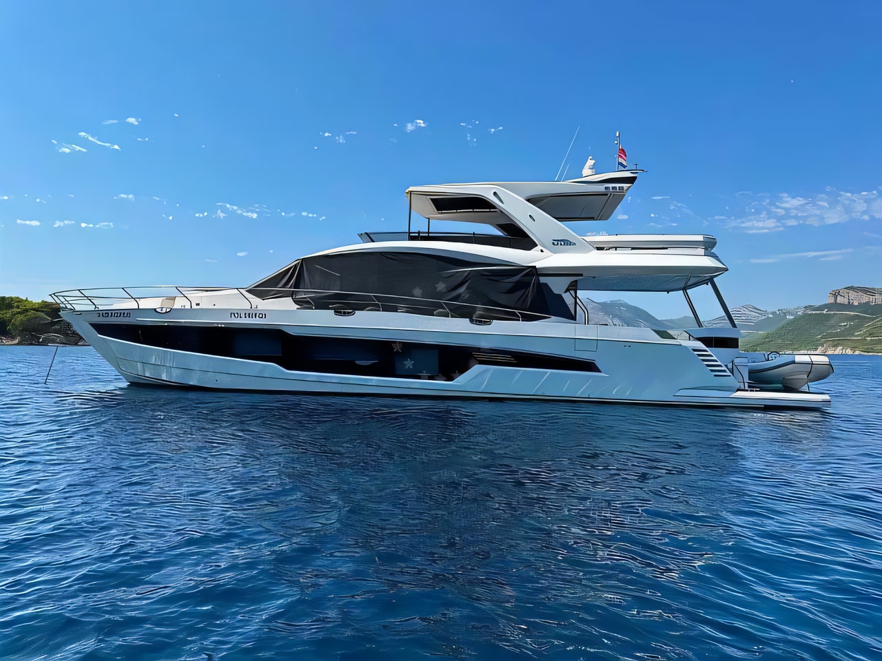 Exterior overview of Galeon 680 Fly motoryacht for charter from Dubrovnik Marina Frapa in the Dubrovnik sailing area Croatia