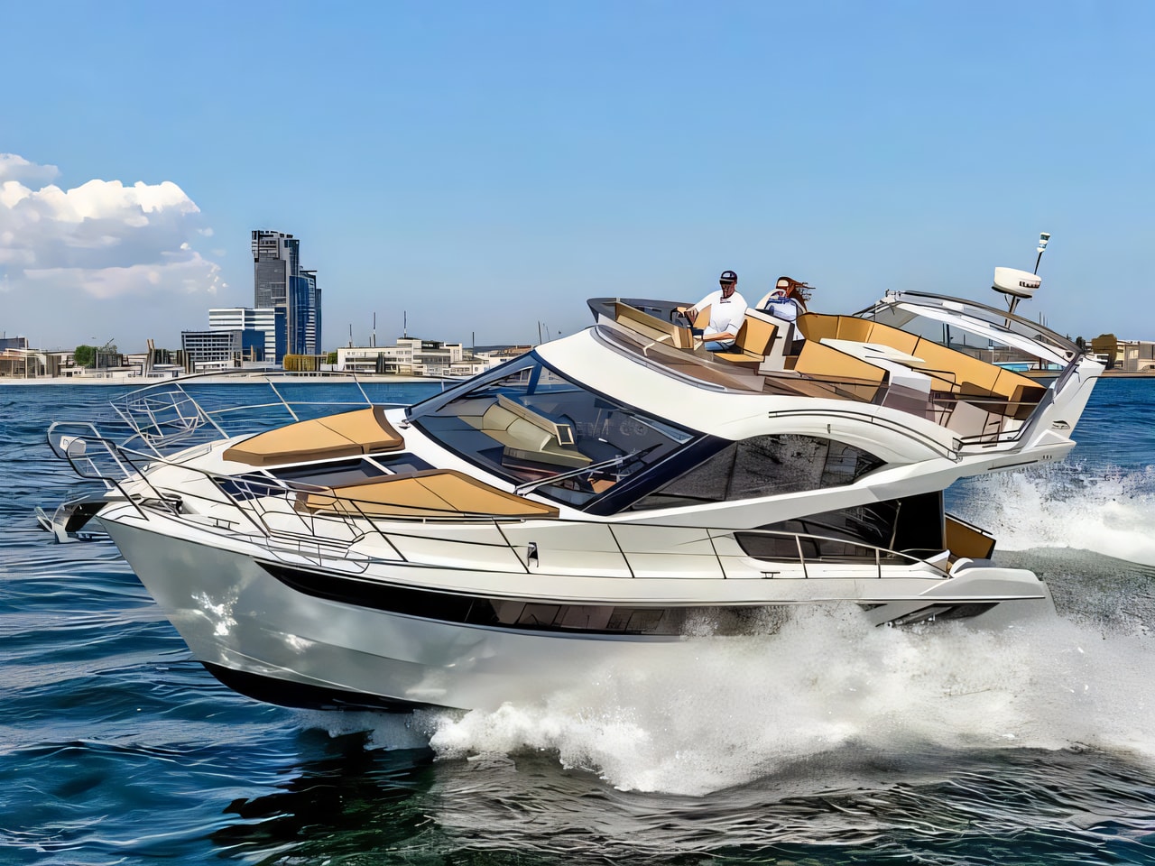 Exterior overview of Galeon 420 Fly motor boat for charter from Sukosan Marina Dalmacija in the Kornati sailing area Croatia