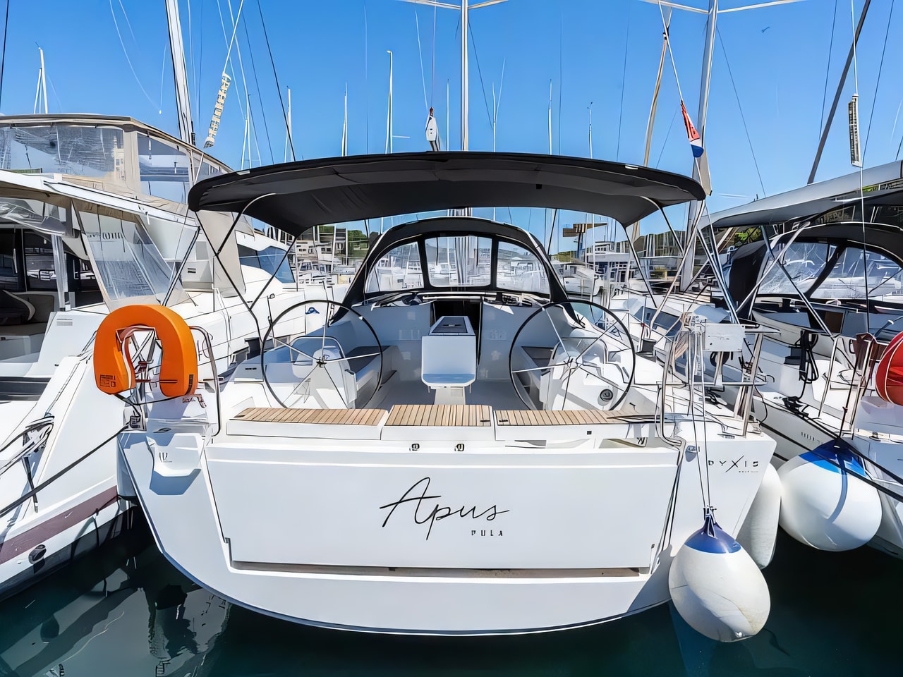 Exterior overview of Dufour 412 Grand Large sail boat for charter from Pula Tehnomont Marina Veruda in the Istria / Kvarner sailing area Croatia