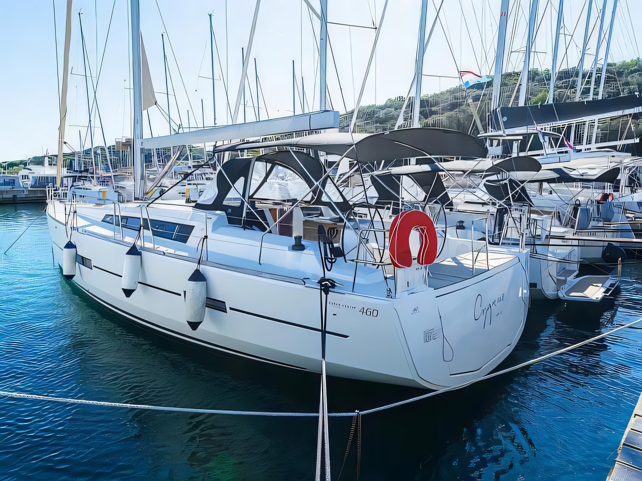 Exterior overview of Dufour 460 Grand Large sail boat for charter from Pula Tehnomont Marina Veruda in the Istria / Kvarner sailing area Croatia