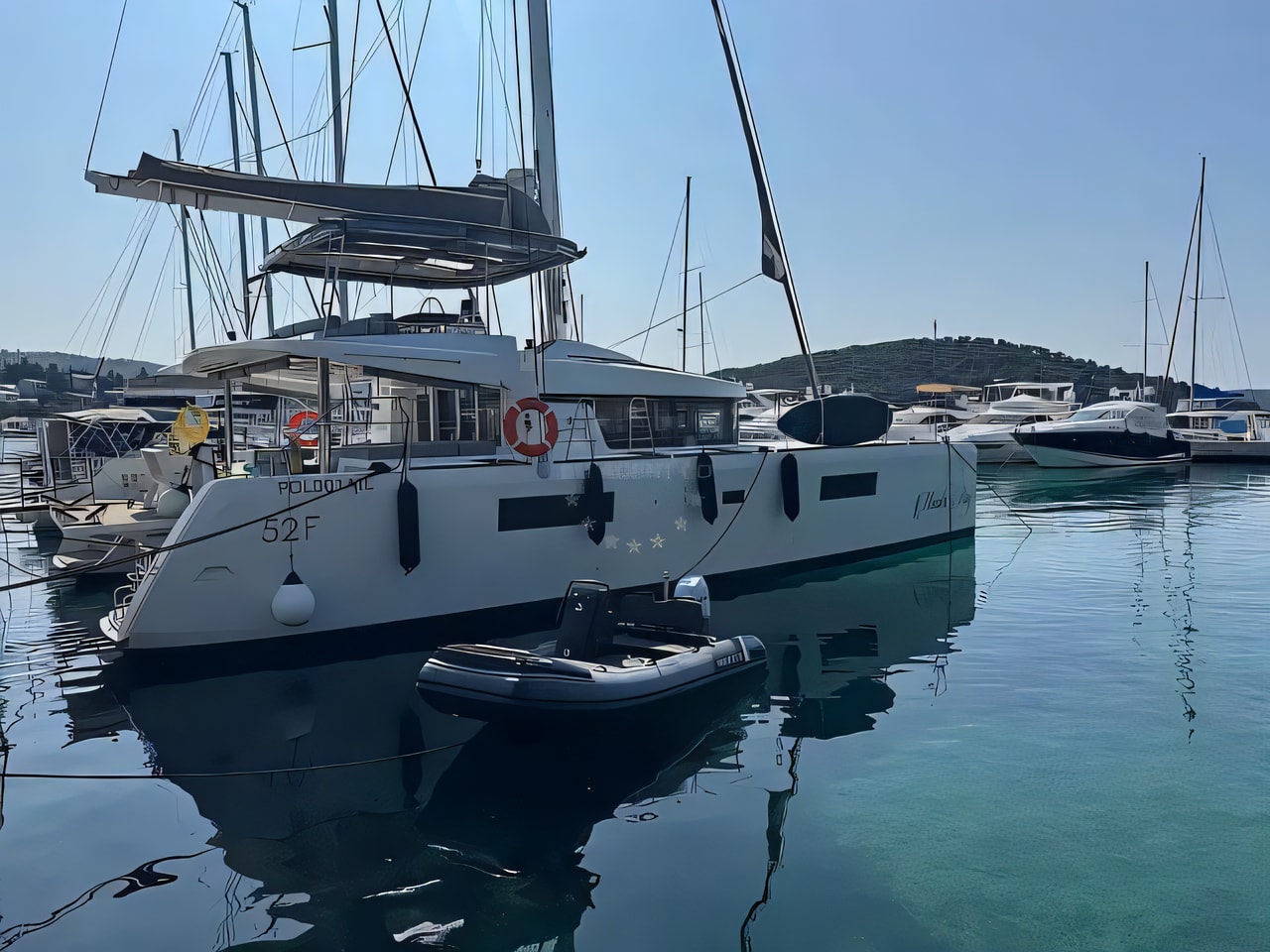 Exterior overview of Lagoon 52F catamaran for charter from Rogoznica Marina Frapa in the Kornati sailing area Croatia