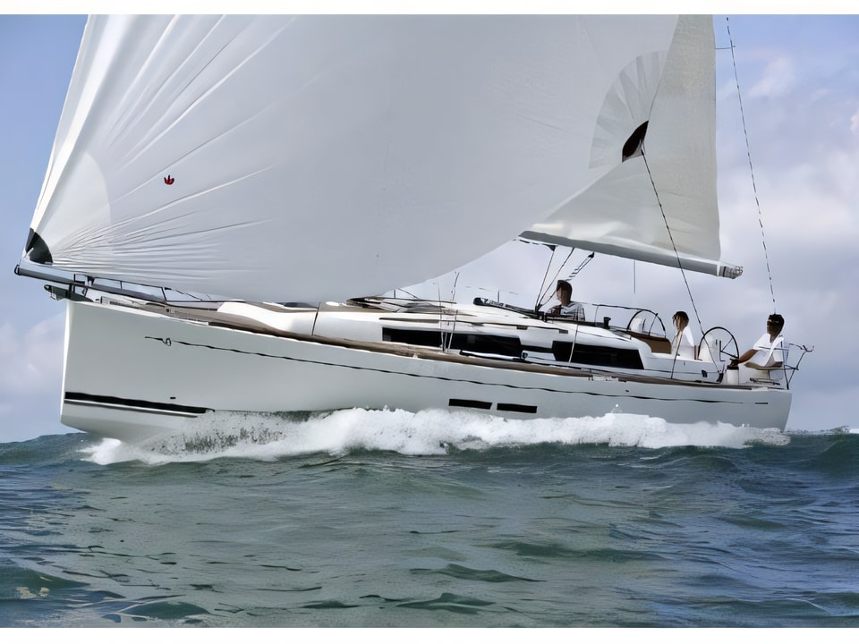 Exterior overview of Dufour 375 sail boat for charter from Kastela Gomilica Marina in the Sibenik sailing area Croatia
