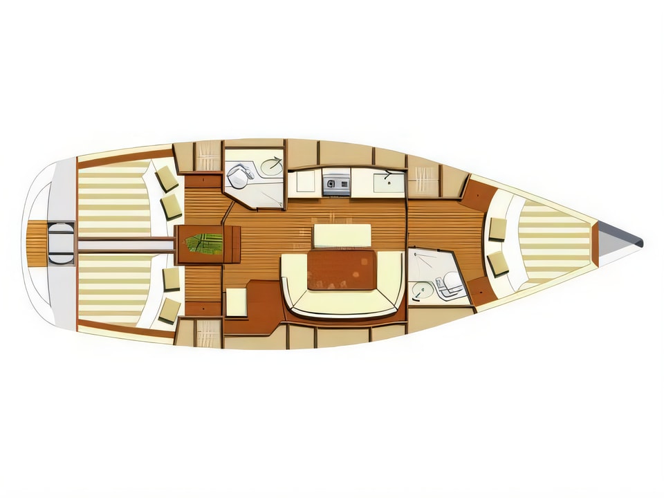 Layout of Dufour 385 sail boat with 3 cabins Croatia yacht charter