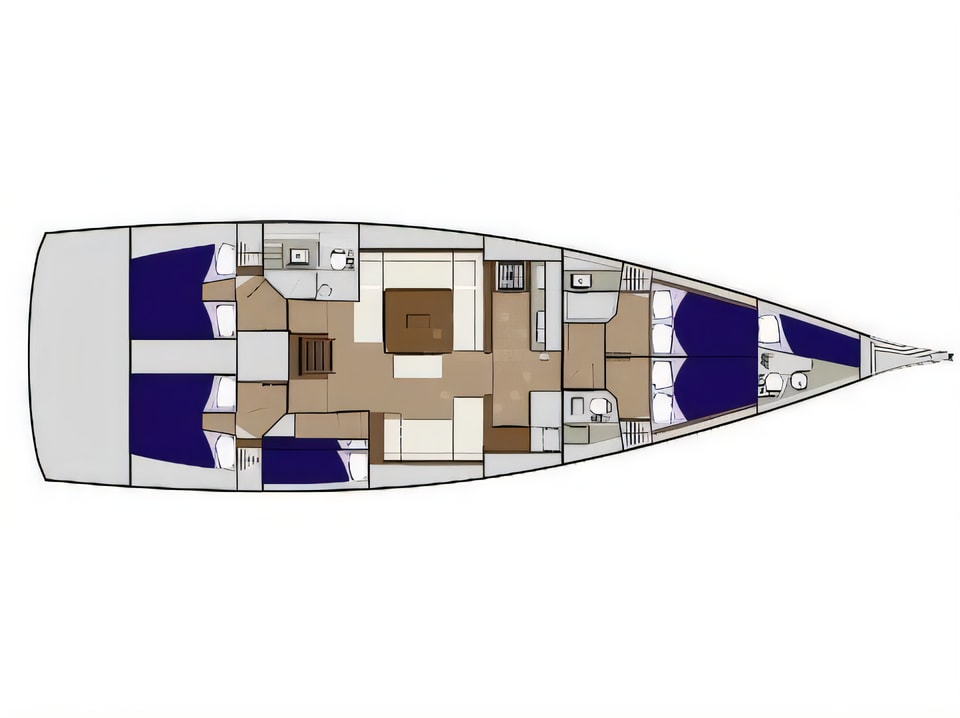 Layout of Dufour 560 sail boat with 6 cabins Croatia yacht charter