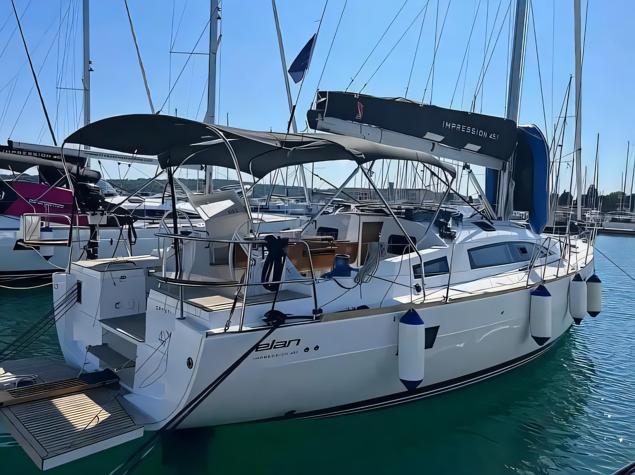 Exterior overview of Elan Impression 45.1 sail boat for charter from Sibenik Marina Mandalina in the Kornati sailing area Croatia