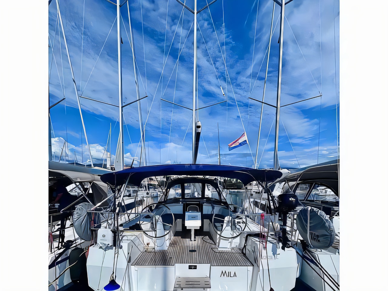 Exterior overview of Bavaria C38 sail boat for charter from Vinodolski Novi Marina in the Istria / Kvarner sailing area Croatia