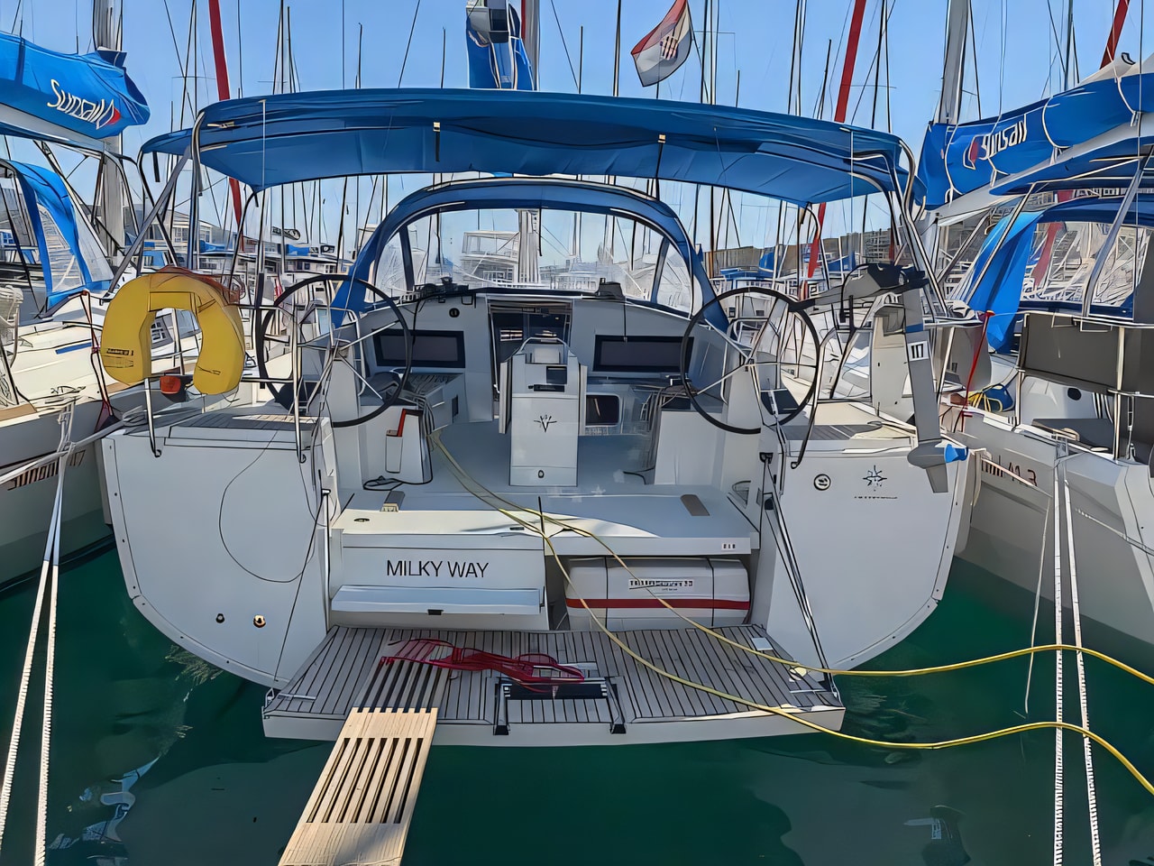 Exterior overview of Sun Odyssey 440 sail boat for charter from Pula Marina Polesana in the Istria / Kvarner sailing area Croatia
