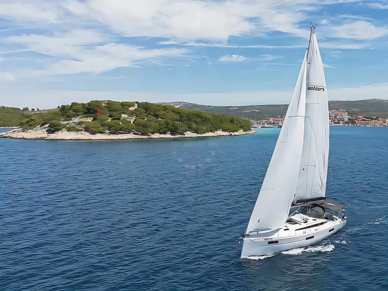Exterior overview of Elan Impression 45 sail boat for charter from Zadar Marina in the Kornati sailing area Croatia