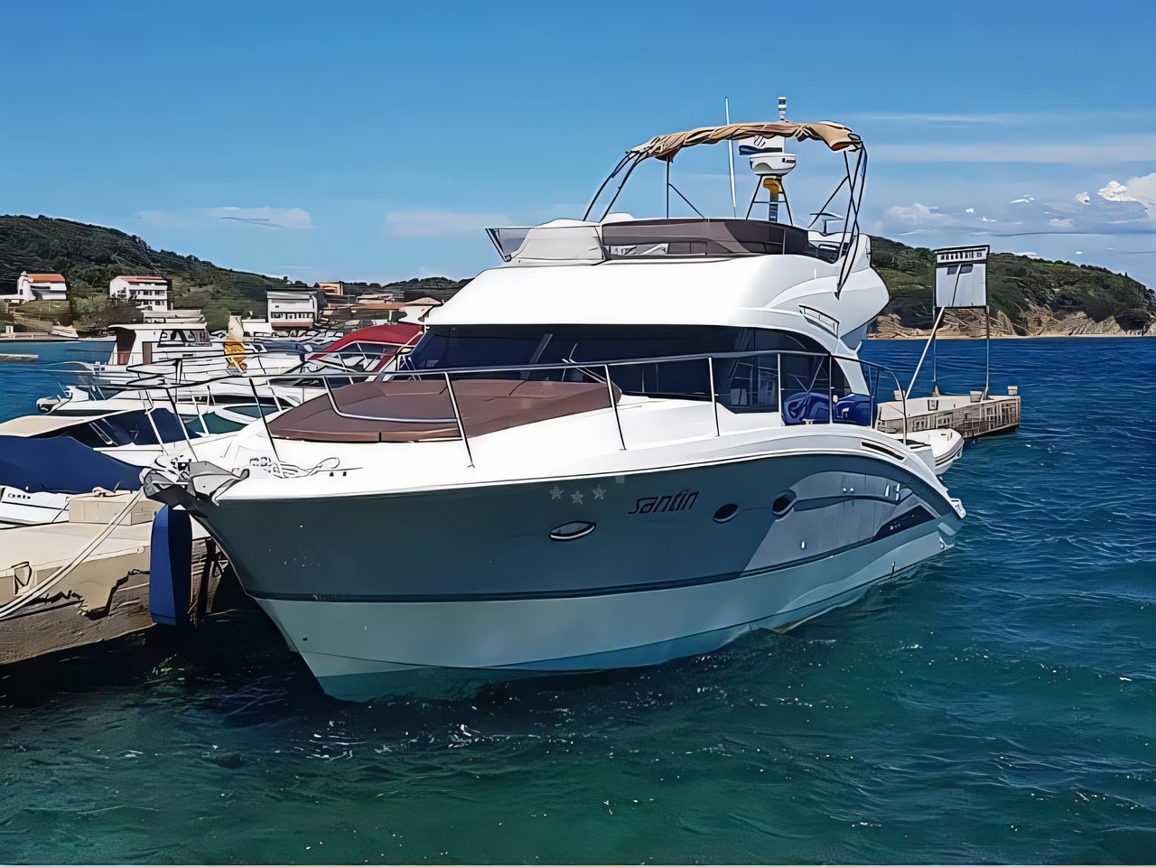 Exterior overview of Antares 42 motor boat for charter from Krk Marina Punat in the Istria / Kvarner sailing area Croatia