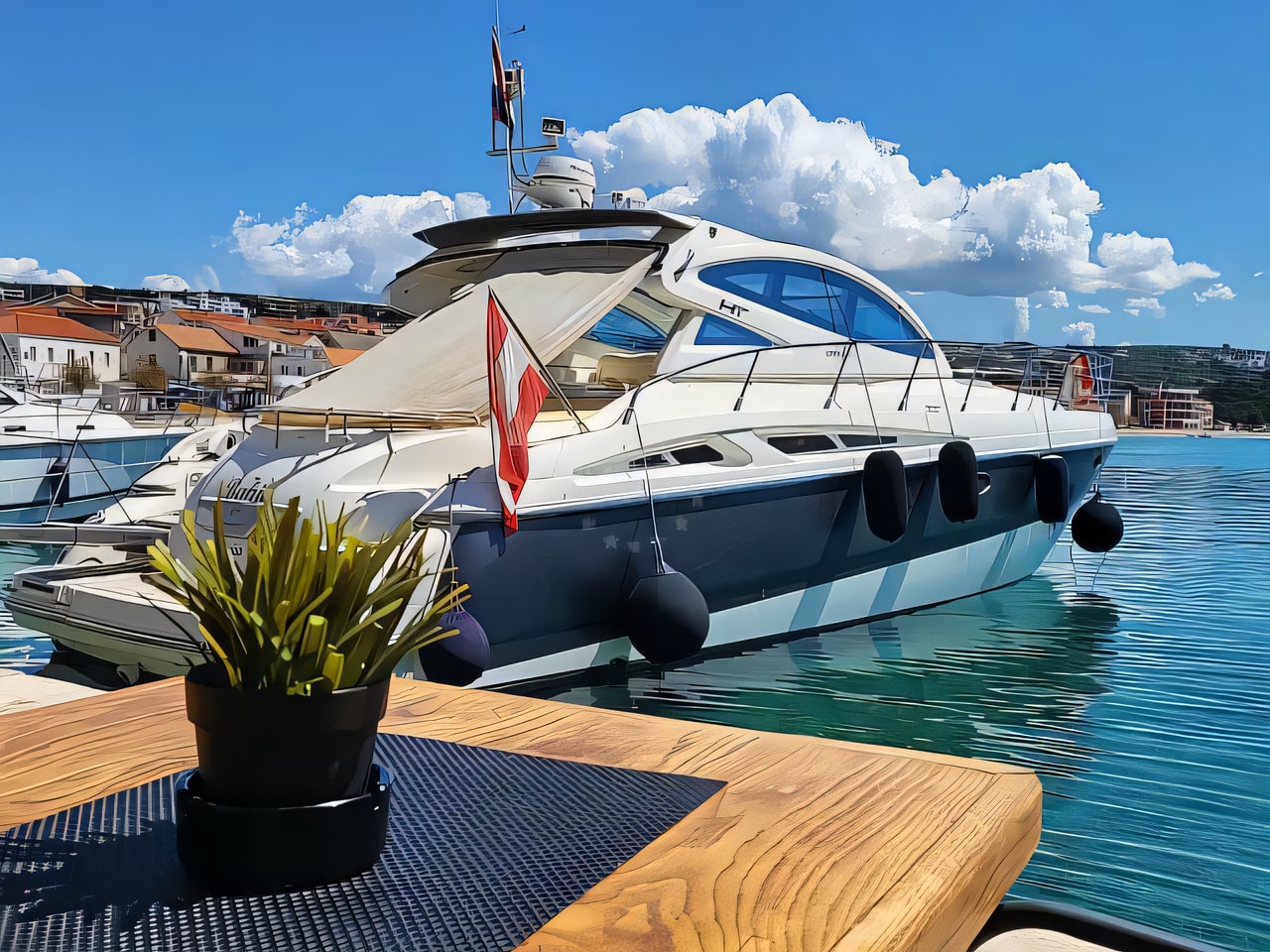 Exterior overview of Mediterranee 50 motoryacht for charter from Primosten Marina Kremik in the Kornati sailing area Croatia
