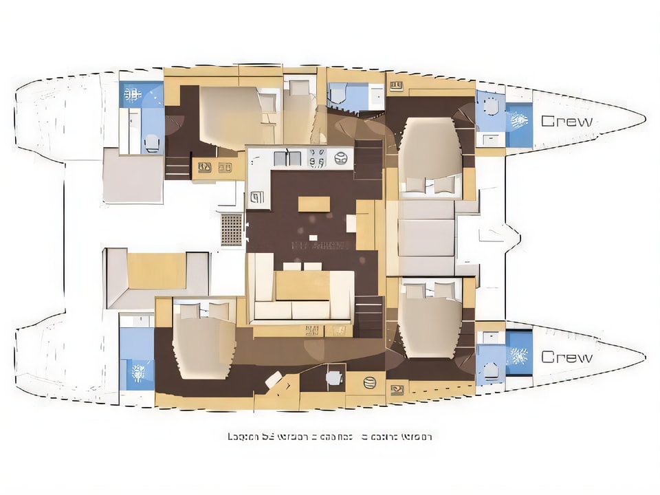 Layout of Lagoon 52 catamaran with 5 cabins Croatia yacht charter